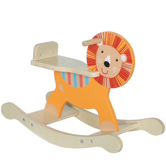 12787 Kinderschommelpaard, houten babyschommelpaardje in de vorm van een leeuw met stuur en stabiele basis, 59 x 27 x 43 cm, oranje