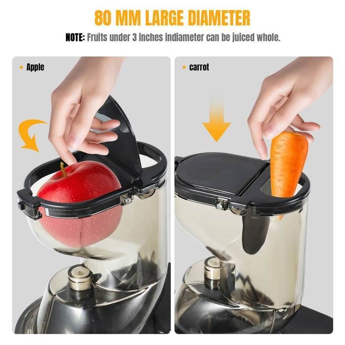 Licuadora de prensado en frío con boca de alimentación ancha de 8 cm para frutas y verduras enteras, doble filtro.