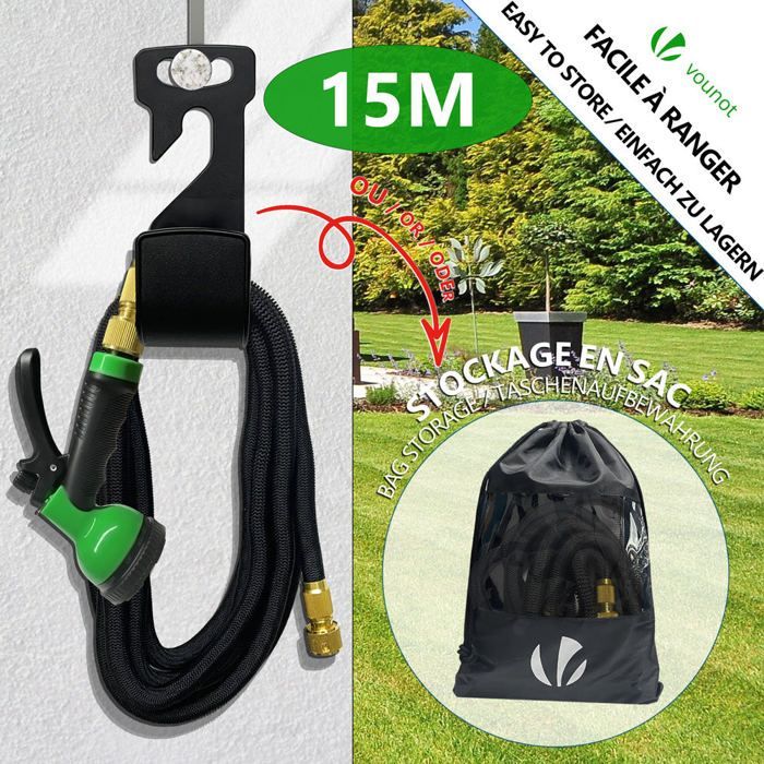 Manguera de jardín extensible reforzada VOUNOT® de 15 m, color negro - 10 modos - Conector y bolsa de almacenamiento incluidos - Flexible y a prueba de fugas