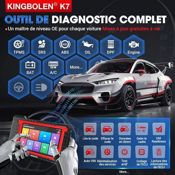 Ferramenta de diagnóstico automotivo KINGBOLEN K7 OBD II com atualizações vitalícias gratuitas, 31 serviços, bidirecional e codificação de ECU.