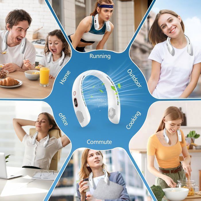 Ventilateur de Cou Portable,3000mAh Rechargeable USB,3 Vitesses et Affichage LED,pour Bureau Domicile Voyage En Plein Air(Blanc)