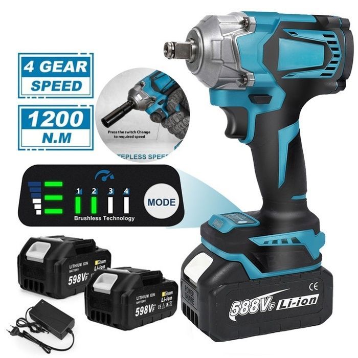 Llave de impacto eléctrica, llave de impacto sin escobillas de 1200 Nm de torque, destornillador eléctrico inalámbrico de 1/2 pulgada + 2 baterías