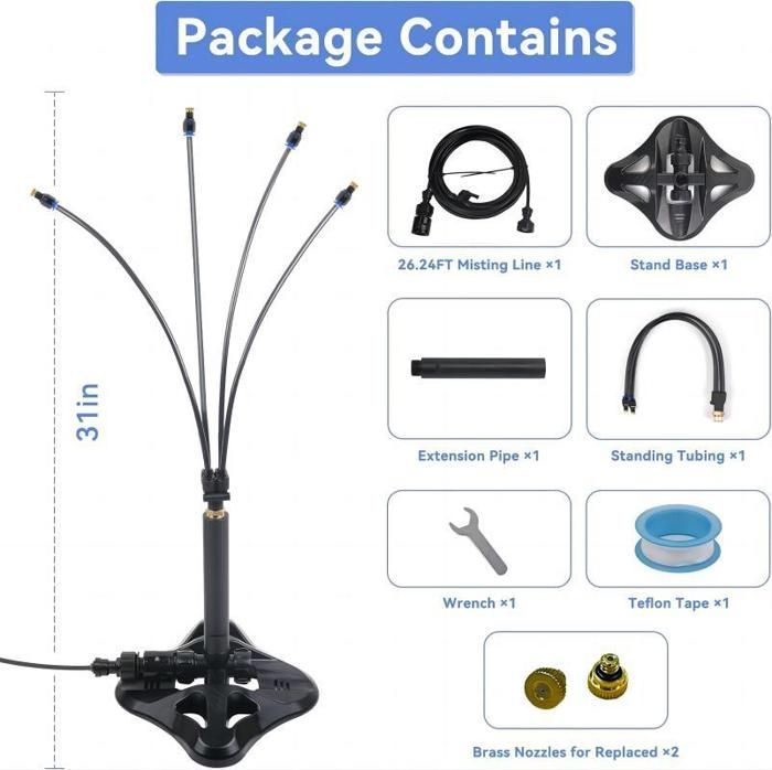 Système de refroidissement par brumisation sur pied, brumisateur flexible avec tube de 8 m pour terrasse extérieure, brume portable