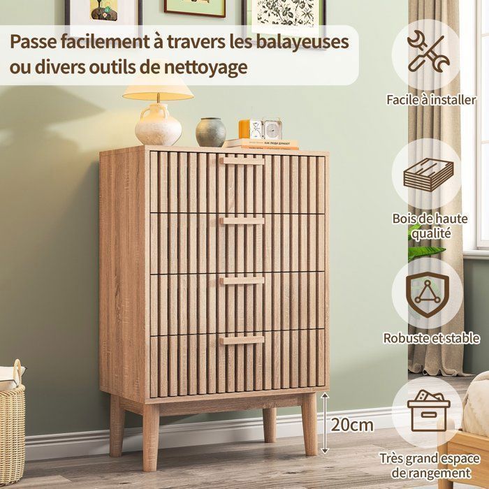 Commode met 4 lades, slaapkamerkast, houten dressoir/kastje, 60x34x91 cm, moderne Scandinavische stijl, natuurlijke houtkleur