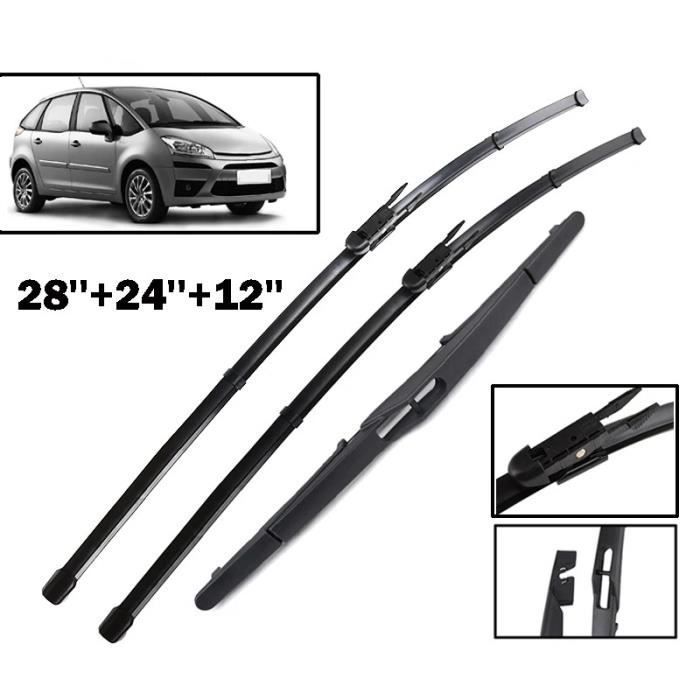 Juego de 3 limpiaparabrisas delanteros y traseros para Citroën C4 Hatchback MK1 de 5 puertas (2004, 2005, 2006, 2007, 2008, 2009, 2010).