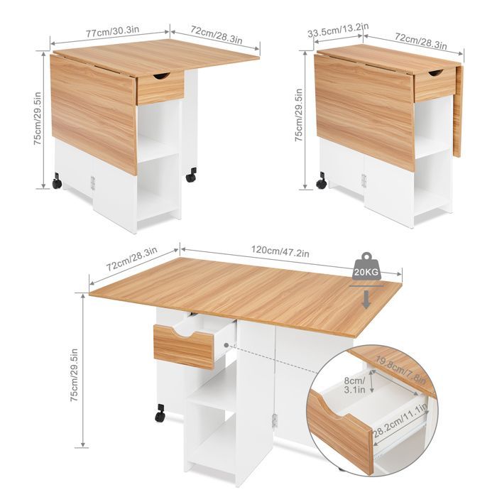 Mondeer Table à Manger Pliable, Table pliante avec 1 Tiroir et 2 Etagères,Table de Cuisine Pour Petit Espace, Chêne Rouge et Blanc