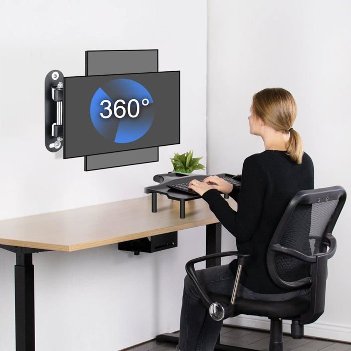 Suporte de parede para TVs de 13 a 32 polegadas, com telas planas ou curvas, rotação de 360°, inclinação de 20° e padrão VESA 75x75 / 100x100mm.