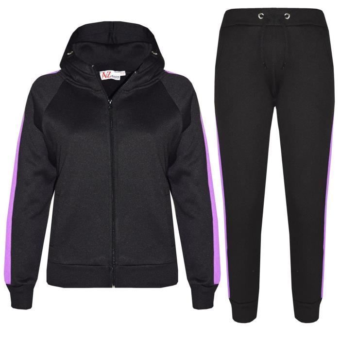 Chándal de felpa para niña - Negro y lila - Con capucha - Conjunto deportivo para niñas de 5 a 13 años