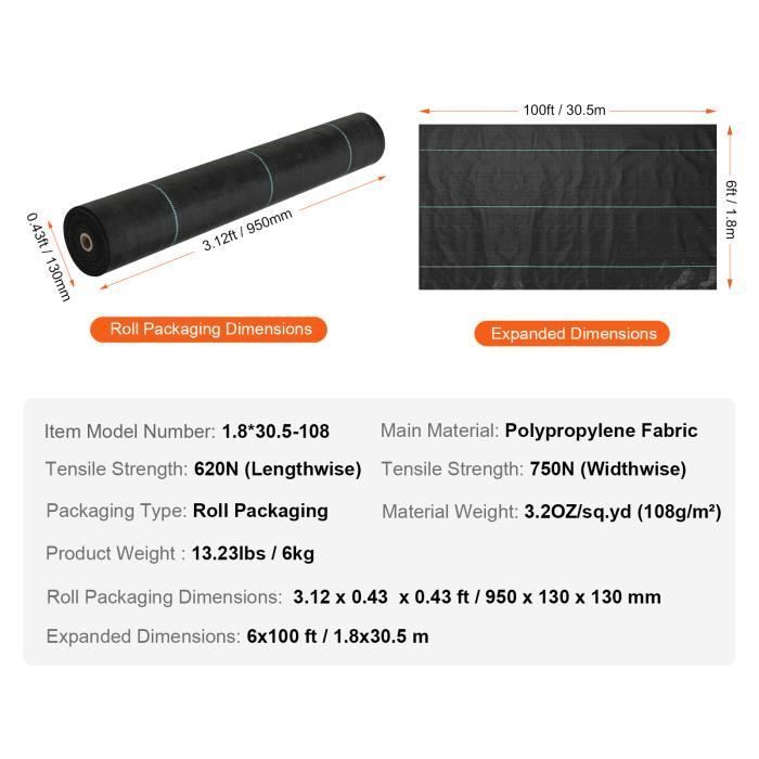 Tela para el control de malezas - VEVOR - Tela geotextil tejida de PP para el control de malezas, 1,8 x 30,5 m, 108 g
