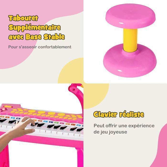 Piano electrónico para niños de 3 años, 31 teclas con taburete, COSTWAY - Micrófono, efectos de luz, 7 ritmos - Apagado automático - Rosa