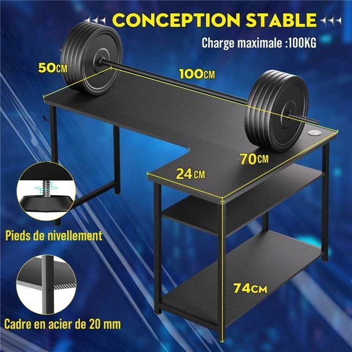 Gaming Desk - Corner Desk - Black - 100x80cm - Storage Shelves