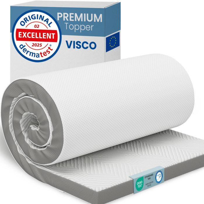 Cubrecolchón ELONEO Visco de 140x200x5cm, 5 cm de espuma viscoelástica, funda de malla 3D transpirable con esquinas elásticas.
