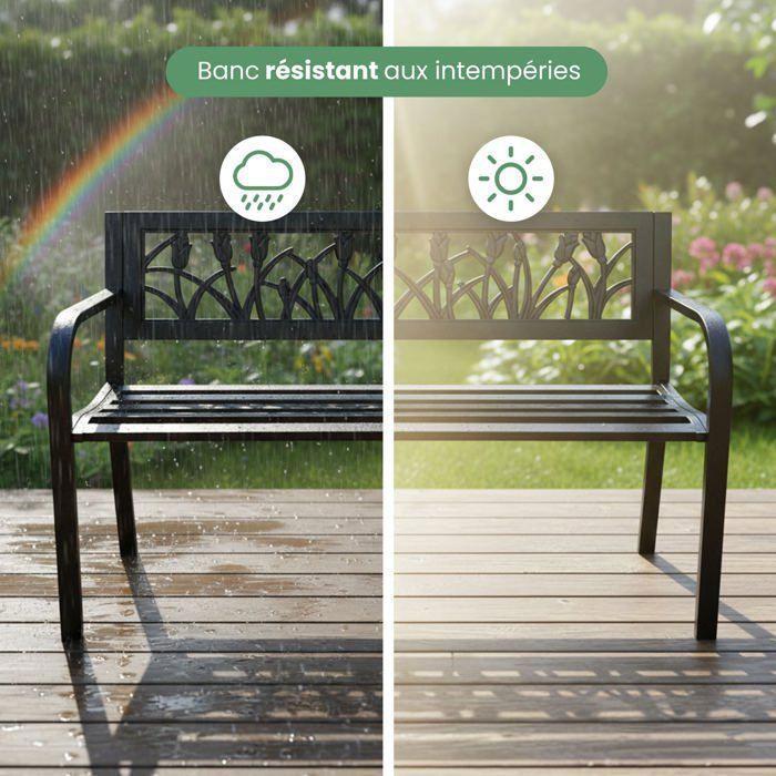 Banc de Jardin Noir LISSA avec Pieds en Acier, Largeur 124 cm