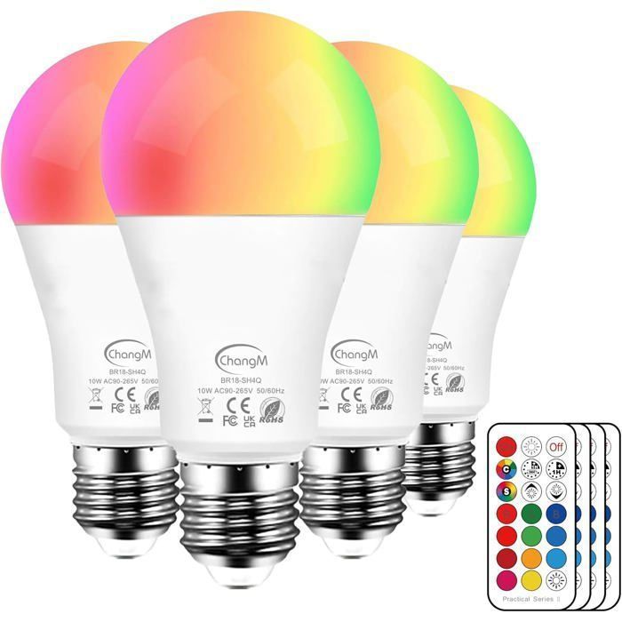 E27 12 väriä RGBW LED-lamppu väriä vaihtava kaukosäädin, ajastin ja himmennettävä RGB+valkoinen 10W (4 kpl pakkaus)