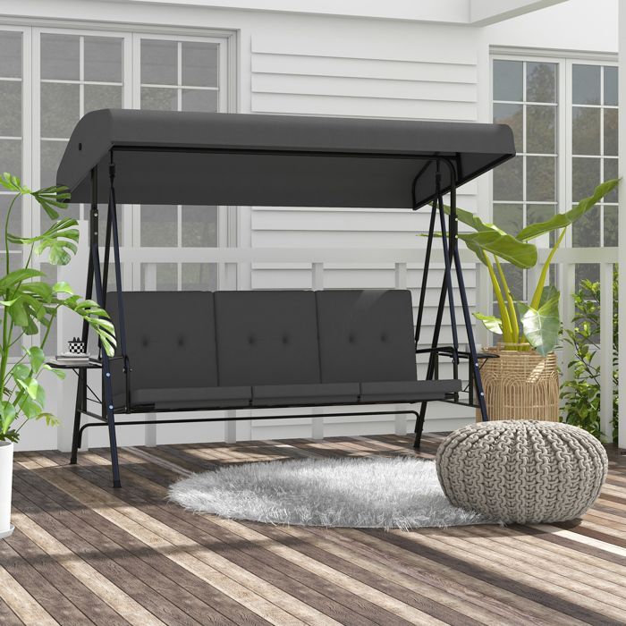 Garden swing - Outsunny - 3-seater - adjustable roof tilt - 2 side tables, cushions - steel - dark grey