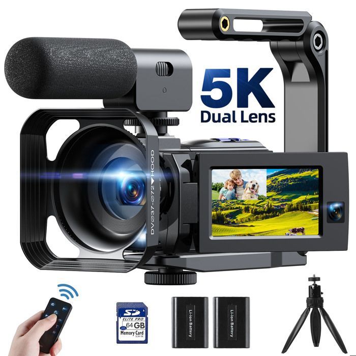 Câmera de vídeo Camark 5K+1080P com lente dupla de 56MP, tela sensível ao toque de 3