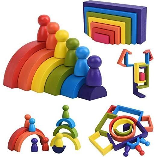Jouet en Bois - AMOUNE - Arc en Ciel Jeu Éducatif en Bois Jouet Bloc de Construction - Rouge - Mixte - Enfant