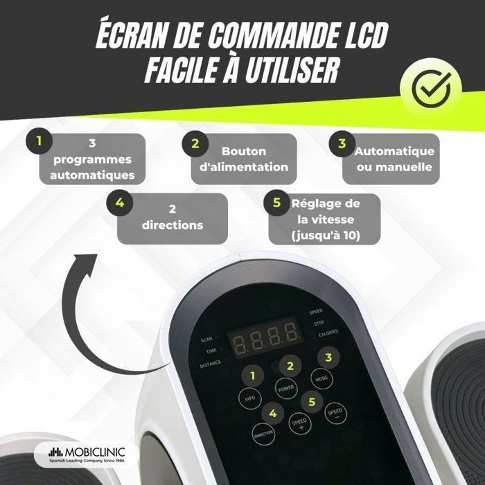 Bicicleta elíptica mini Mobiclinic: Modo manual y 3 programas automáticos, pantalla LED, control remoto, funcionamiento silencioso.