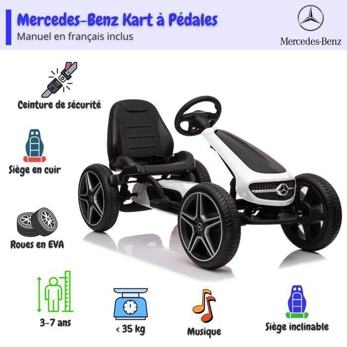 Kart de pedales MERCEDES-BENZ - Blanco - Para edades de 3 a 7 años - Producto con licencia oficial - Neumáticos de EVA - Asiento de cuero