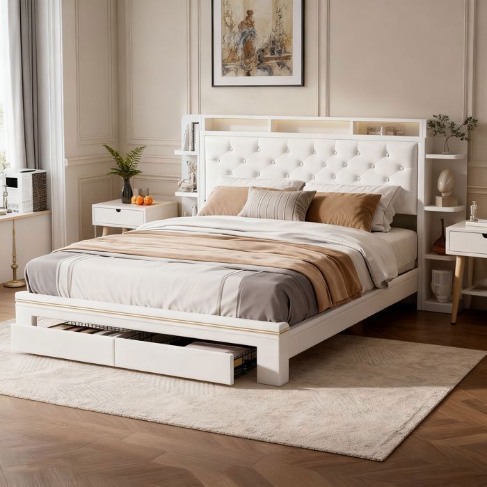 Cama de 140x190 cm - Terciopelo blanco - 2 cajones - LED y USB - Somier de láminas incluido