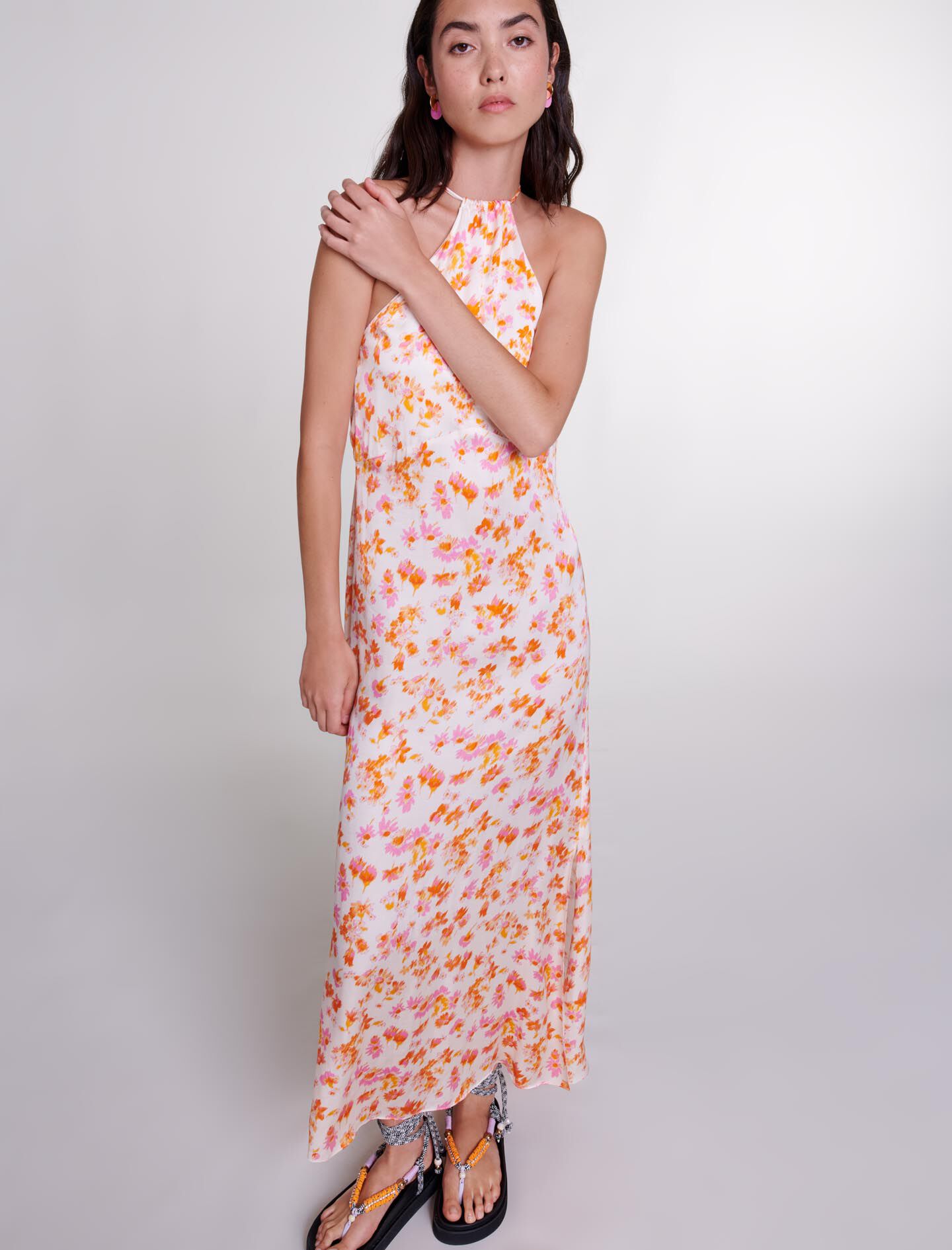 Lange jurk met bloemen- en satijnenprint - oranje print