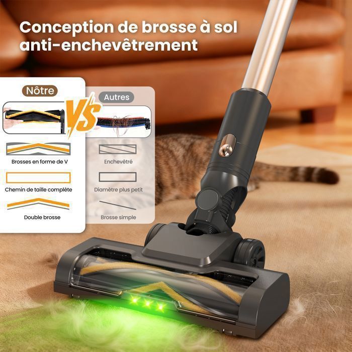 Aspirateur Balai Sans Fil LAMZIEN V9PRO - 35kPA - 40min d’autonomie - Léger - Brosse Anti-Enchevêtrement - Lumière LED Verte