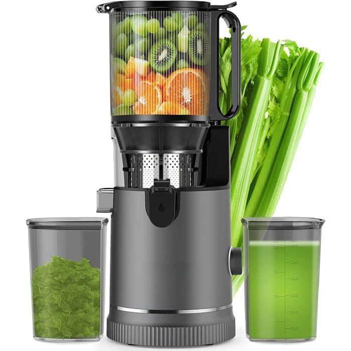 Licuadora de prensado en frío, boca de alimentación ancha de 147 mm y motor de 400 W, instalación de fácil limpieza, rendimiento de jugo del 99 %, 1,8 L, gris.