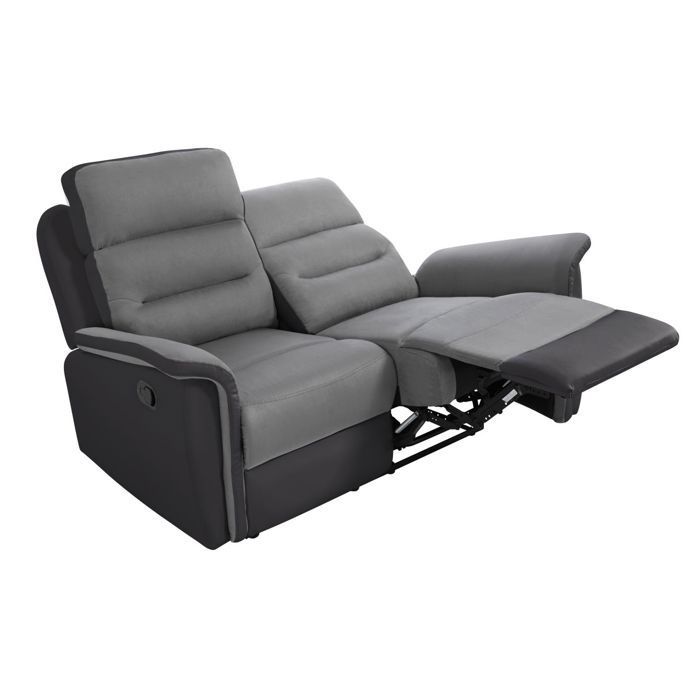 Sofá reclinable de 2 plazas LOUNGITUDE LÉON + sillón manual en microfibra y piel sintética, gris/negro.