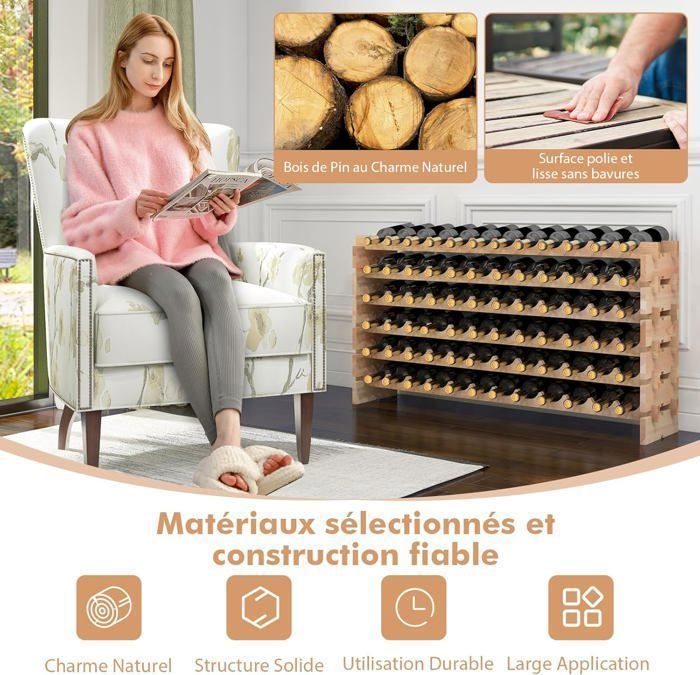Étagère à Vin Casier à 72 Bouteilles en Bois de Pin Robuste Modulable 119 x 29 x 71,5 CM