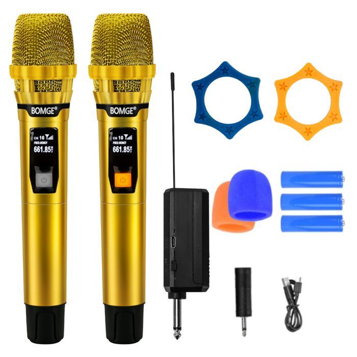 Professional 2-Channel Wireless Microphone System Kit for Karaoke and DJ, with Shiny Gold Microphone and Rechargeable Receiver