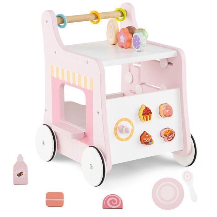 Andador de madera DREAMADE para niños de 1 año en adelante, carrito de helados multifuncional con accesorios para dulces y ruedas suaves, rosa.