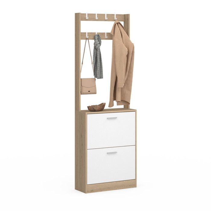 Armario de entrada IDMARKET KLARK, zapatero de 2 puertas, efecto madera y blanco.