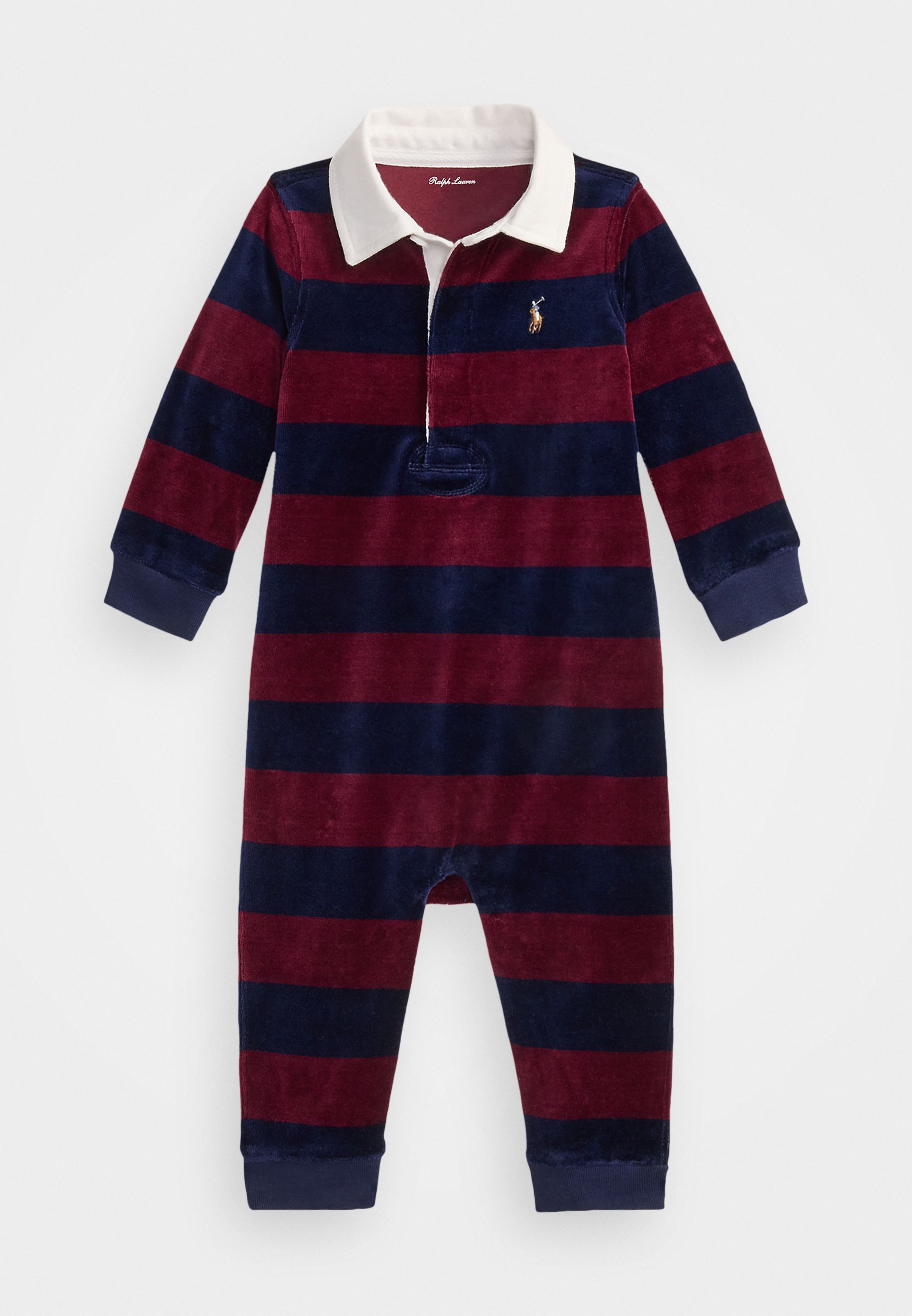 Polo Ralph Lauren Gestreifter Velours-Rugby-Overall – Jumpsuit – Klassisches Weinrot/Elegantes Marineblau