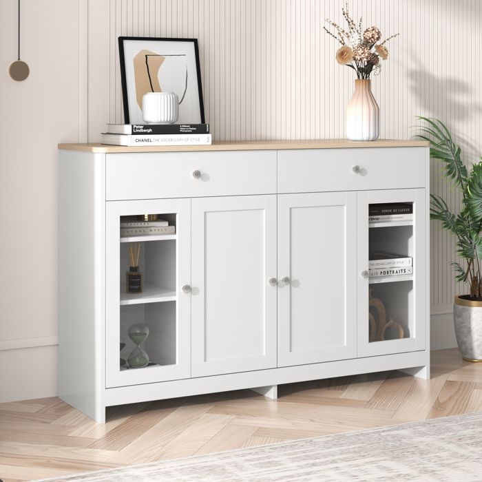 Elegante aparador para sala de estar, armário para hall de entrada com 4 portas e 2 gavetas, armário de cozinha, portas de vidro, 120x37x80cm, madeira e branco.