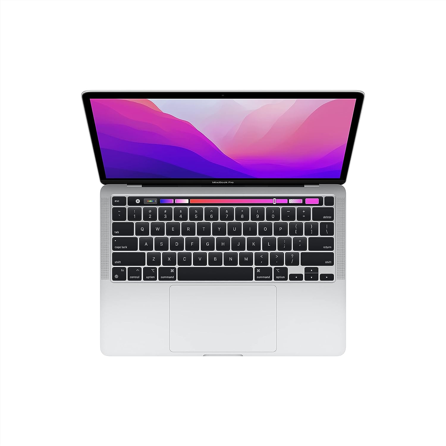 Apple MacBook Pro-laptop uit 2022 met M2-chip: 13-inch Retina-display, 8 GB RAM, 512 GB SSD-opslag, Touch Bar, verlicht toetsenbord, FaceTime HD-camera. Werkt met iPhone en iPad; zilverkleurig.