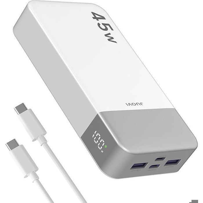 Batteria esterna JUOVI da 20000 mAh e 45 W, power bank con 4 porte USB-C PD e USB-A, ricarica rapida, display a LED, ideale per i viaggi, colore bianco.