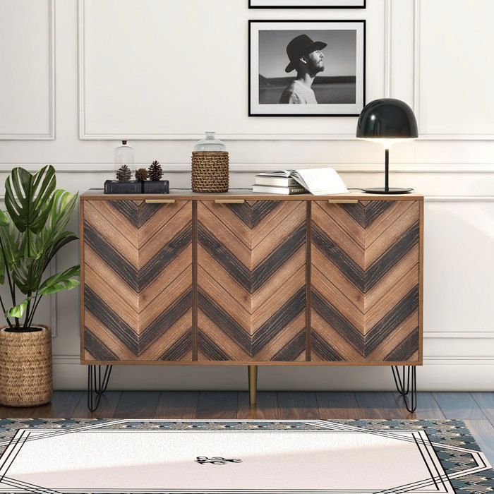 3-Door Sideboard - Solid Wood Storage Cabinet - Modern Chest of Drawers/Entryway Furniture/Shelf - 120x76.5x38cm - Wood+Black