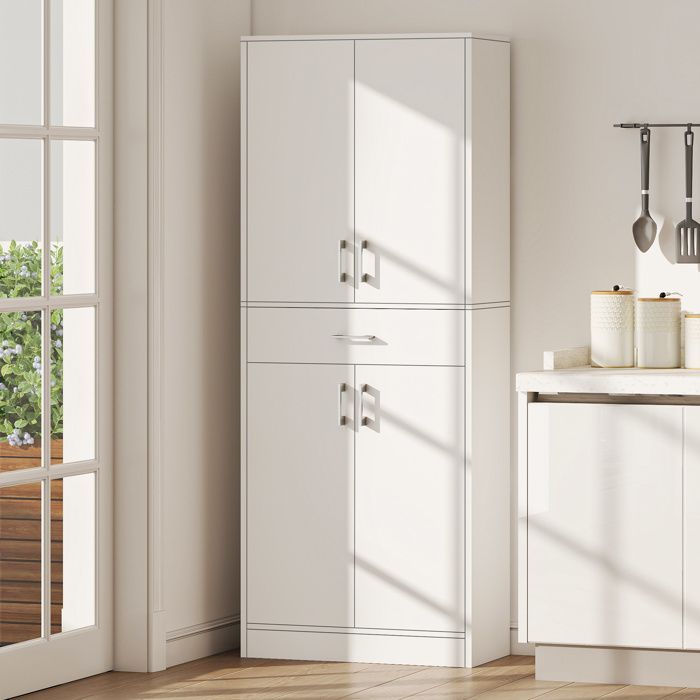 Aparador de cocina - HOMCOM - aparador alto con 2 estantes ajustables, 4 puertas y 1 cajón - madera - altura 180 cm - blanco