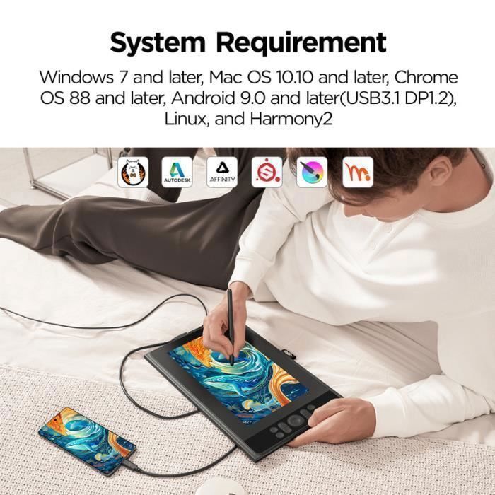 Tablette Graphique avec Ecran UGEE UE12 Plus 11,9 Pouces, Gamme de Couleurs 147%sRGB, Moniteur dessin avec 1 Roulette et 8 Touches