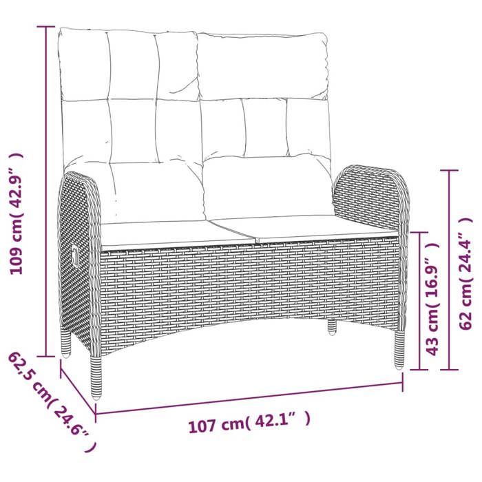 Banco de jardín reclinable vidaXL con cojines, 107 cm, poliratán negro, 319894