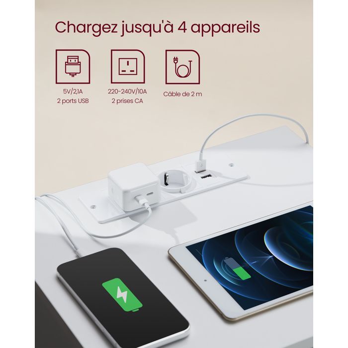 VASAGLE Table de Chevet avec Multiprise, Lot de 2, Table d’Appoint avec 3 Tiroirs, 2 Prises CA, 2 Ports USB, Blanc Nuage