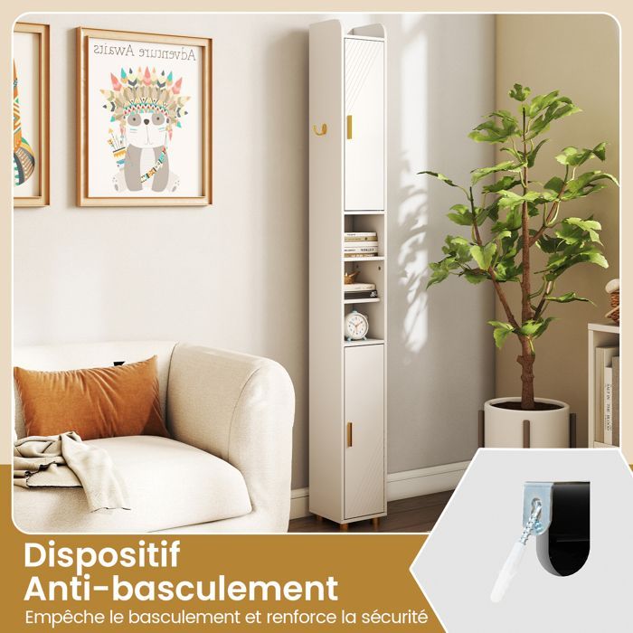 Mueble columna para baño COSTWAY de 20x20x179cm con 2 puertas y estantes ajustables, para salón, dormitorio u oficina, color blanco.