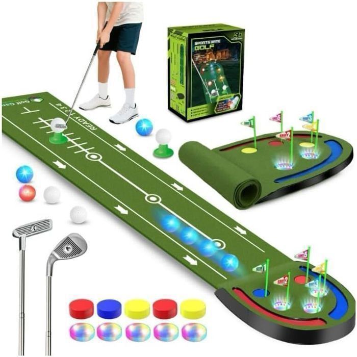 VATOS Golf Set for Children 6-14 Years Old – Putting Mat with LED Balls and Clubs, Portable Green for Parties, Home and Garden