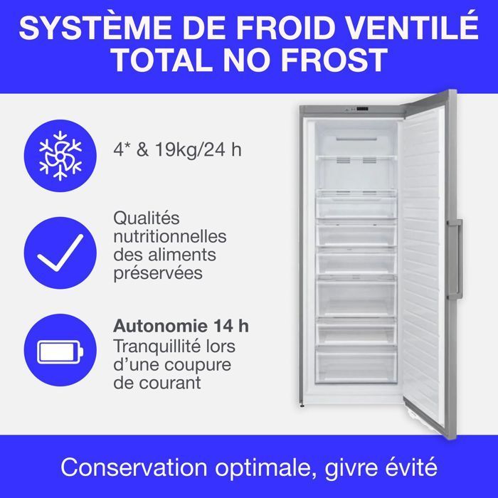 Staande vriezer 406L - Total No Frost - automatische ontdooiing - Energieklasse E - B70 cm x H191 cm x D75,5 cm - Roestvrij staal
