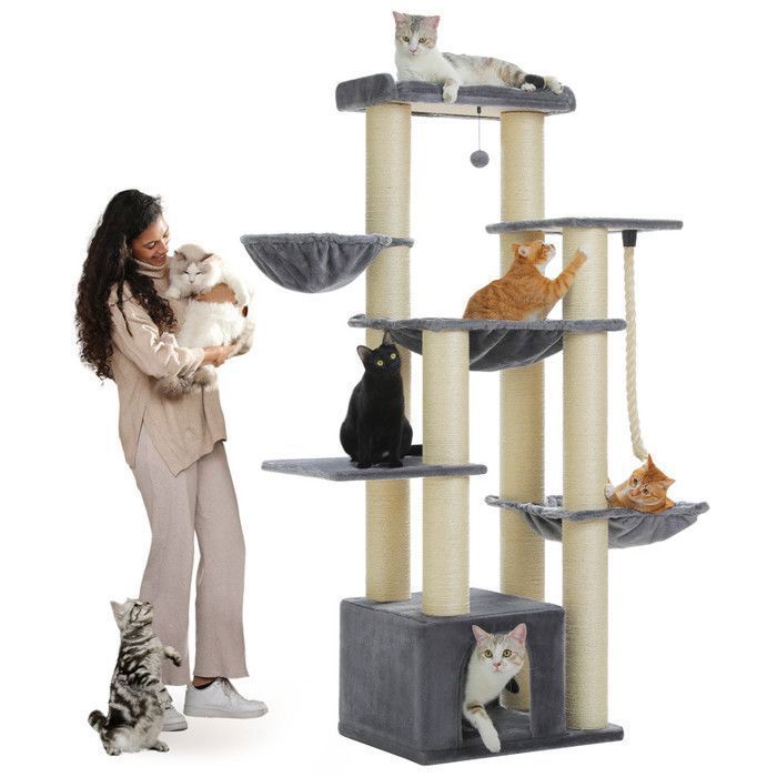PAWZ Road Large Cat Tree, Cat Tree with XXL 11cm Sisal Posts, Spacious Hammocks, Condo & Perch, 170cm, Light Grey