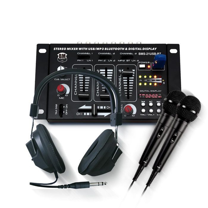 Mixer DJ a 4 canali BM SONIC BMS-21USB-BT con Bluetooth, 1 ingresso phono/linea, 1 ingresso phono/USB, 1 ingresso CD, cuffie e microfoni inclusi.