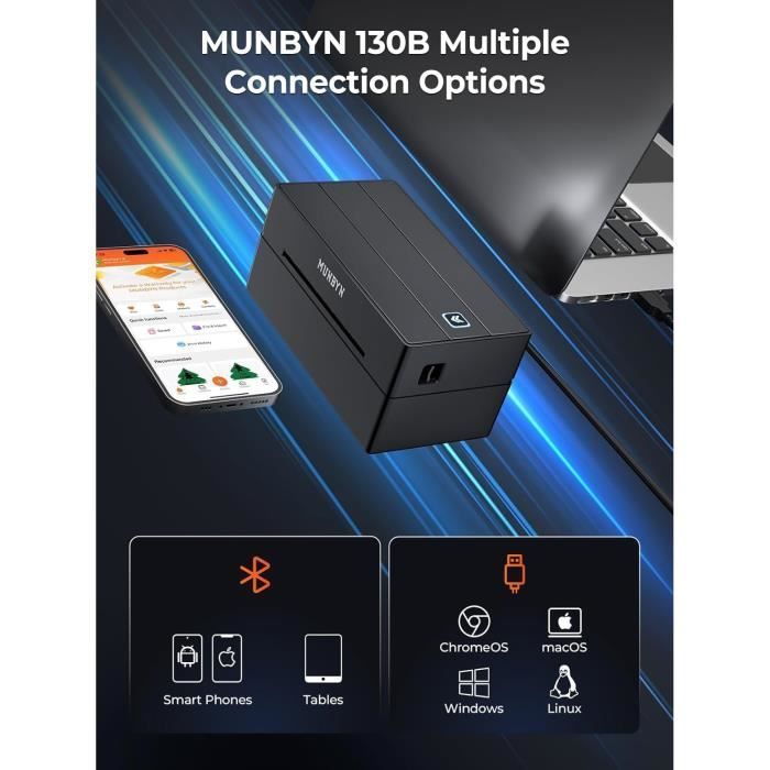 MUNBYN 130B — Impressora térmica de etiquetas Bluetooth, 40–110 mm, 150 mm/s, 203 DPI