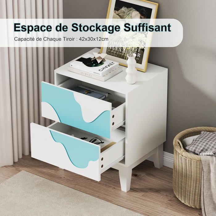 GOOBUY Set of 2 Bedside Tables, Nightstands with 2 Drawers, Side Tables with Irregular Wave Pattern, 45 x 35 x 56 cm