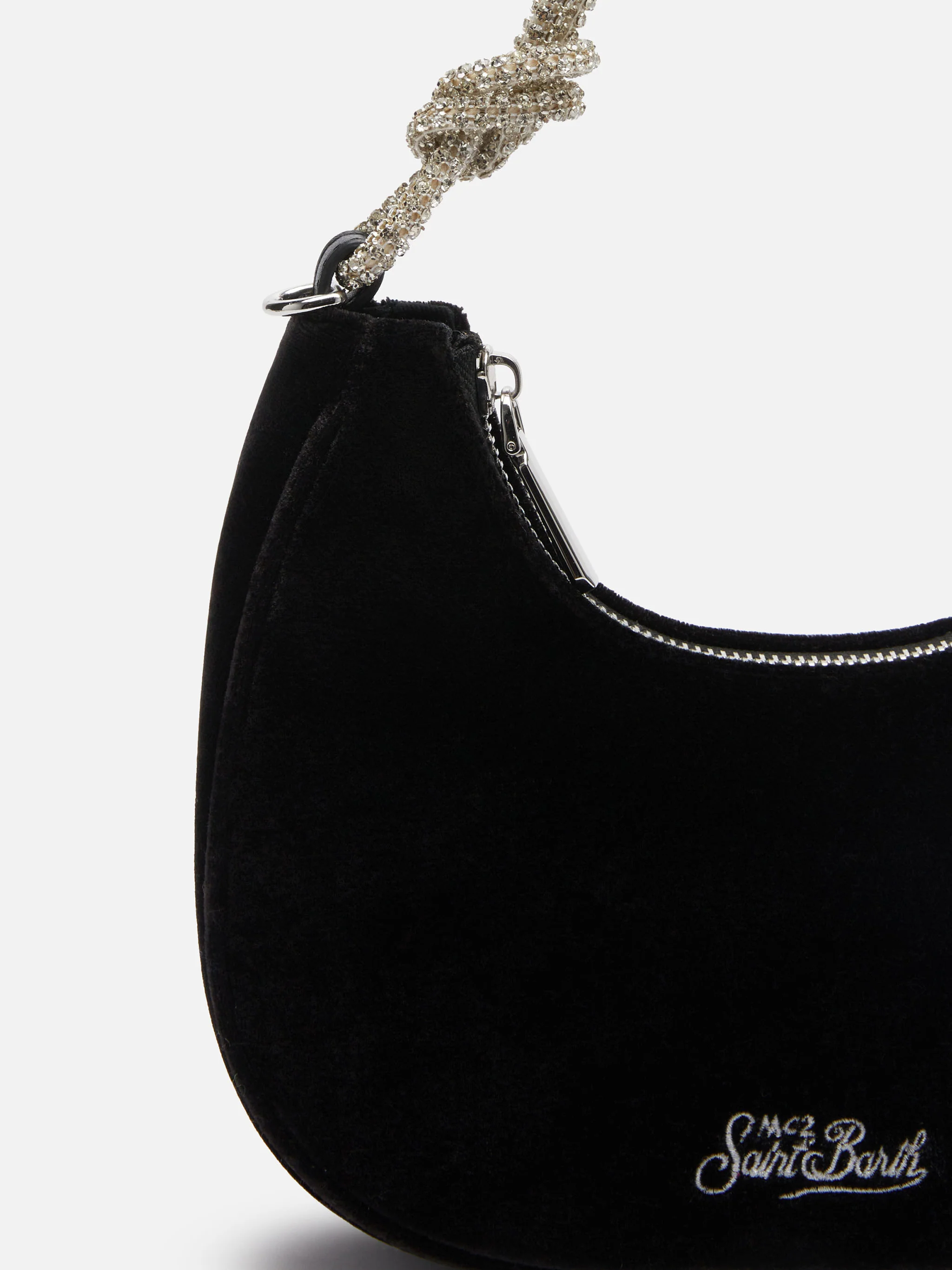 Tallulah zwarte fluwelen baguette tas met strass handvat en afneembare kettingriem | MC2 Saint Barth