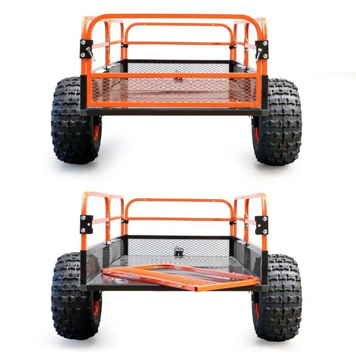 Remolque basculante Wiltec – 2159 x 1219 x 762 mm – Capacidad de 680 kg – Con rejilla y laterales desmontables – Para cortacésped autopropulsado/ATV